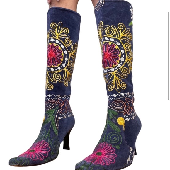 Shoes - TURKISH 60s NAVY BOHO  western🪬 heeled embroidered BOOTS